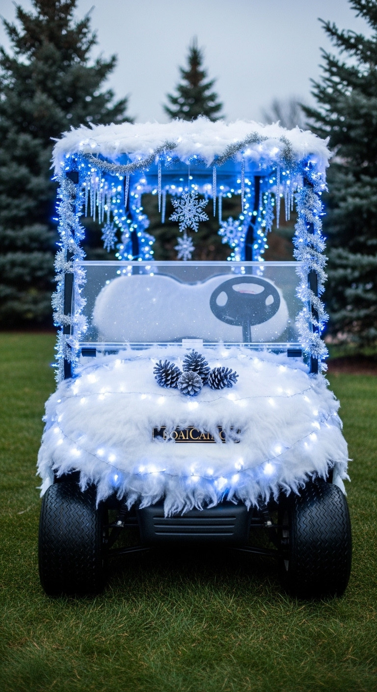Golf Cart Decorated In Winter Wonderland Theme With Faux Snow Blue And White Led Lights Icicle Ornaments And Snowflakes