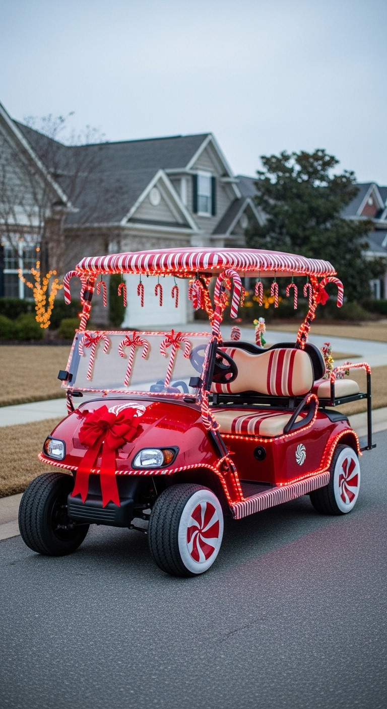 Golf Cart Decorated With Red And White Candy Cane Theme Striped Ribbon Christmas Lights Peppermint Wheel Covers Red Bow