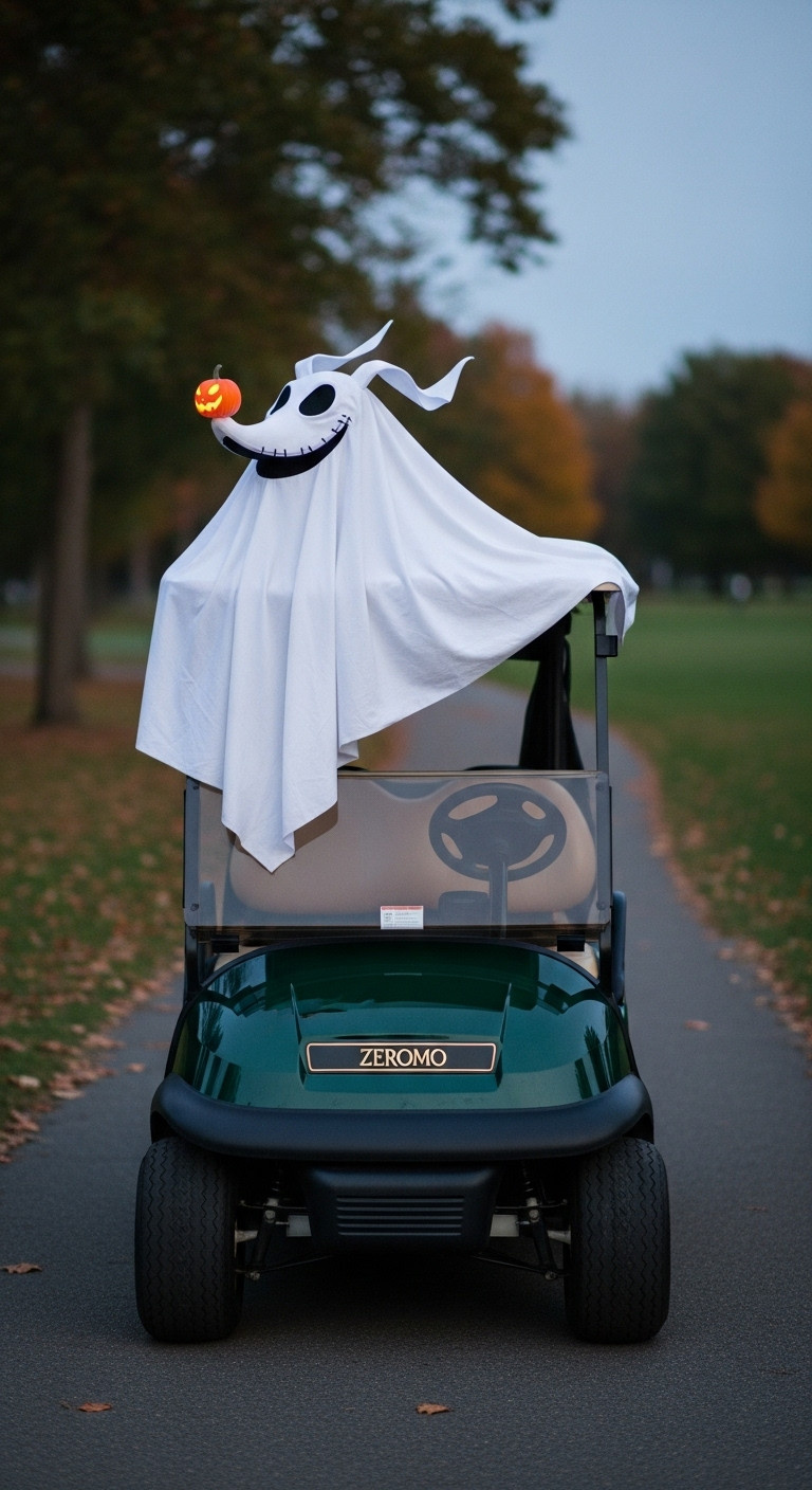 7 Brilliant Nightmare Before Christmas Golf Cart Ideas Golf Cart Roof Decorated As Zero'S Ethereal Floating Doghouse With White Fabric And A Glowing Pumpkin Nose At Dusk
