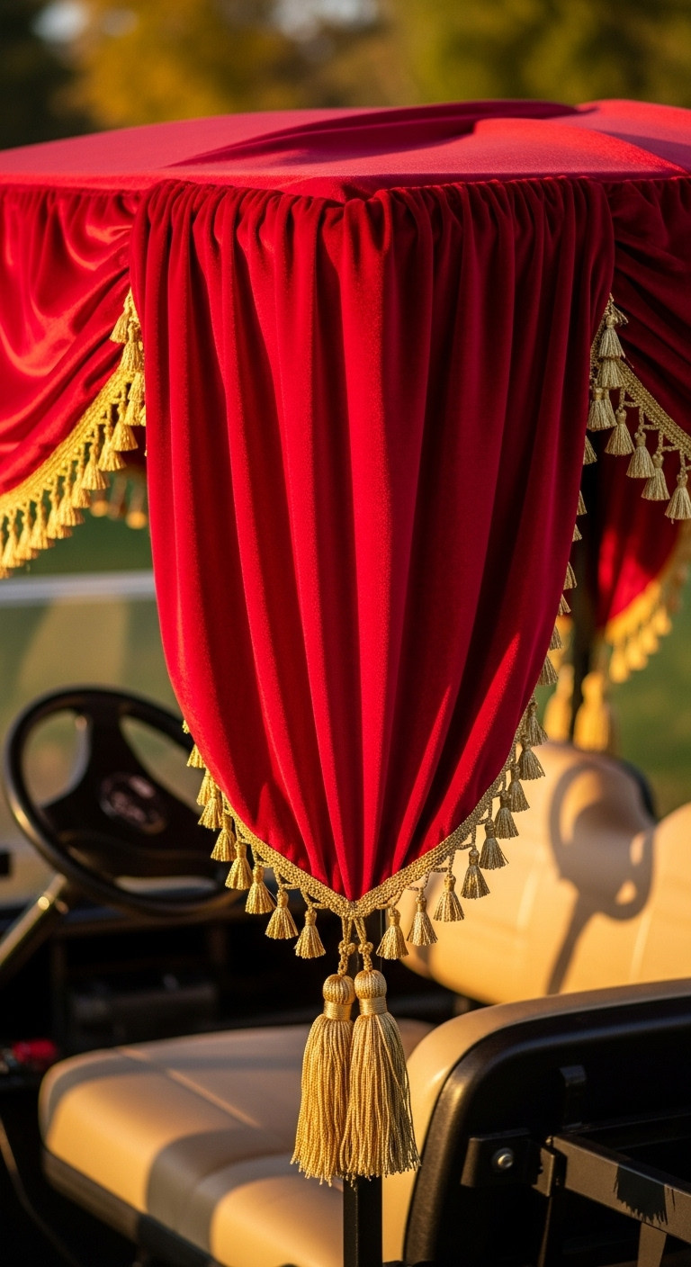 Golf Cart Roof Draped In Rich Red Velvet Fabric With Gold Tassels Creating A Luxurious Canopy