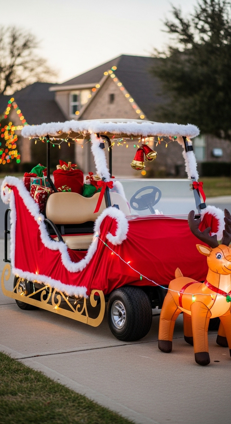 Golf Cart Transformed Into Santa'S Sleigh With Red Fabric Faux Fur Gold Runners Inflatable Reindeer Presents And Jingle Bells