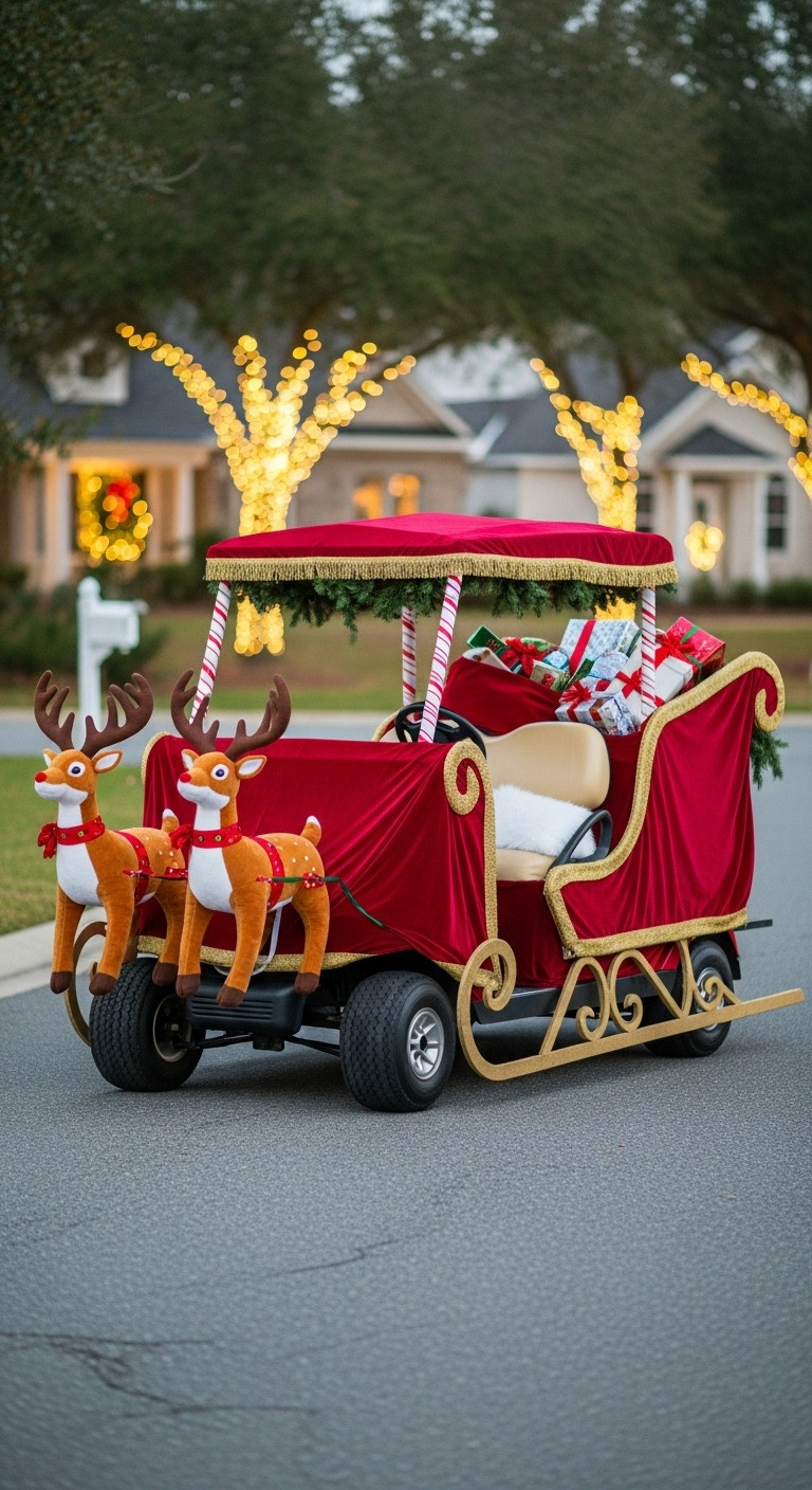 Golf Cart Transformed Into Santa'S Sleigh With Red Velvet Gold Trim Reindeer Candy Canes Faux Fur Blanket And Gift Sack