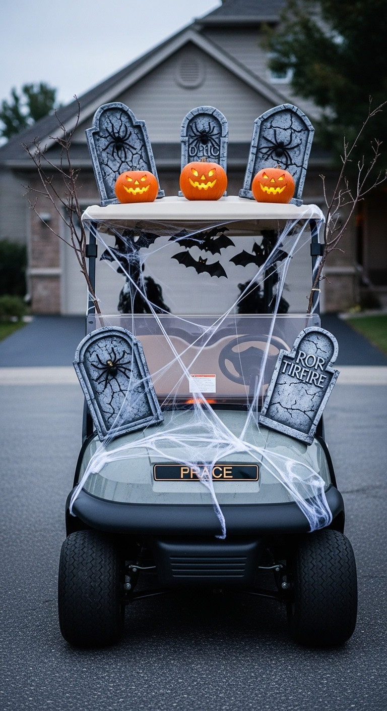 7 Brilliant Nightmare Before Christmas Golf Cart Ideas Golf Cart Transformed Into A Halloween Town Cemetery With Tombstones Spiderwebs And Glowing Pumpkins At Twilight