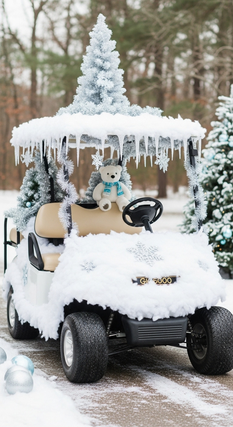 Golf Cart Transformed Into A Winter Wonderland With Snow Icicle Lights Tinsel Snowflakes And A Polar Bear