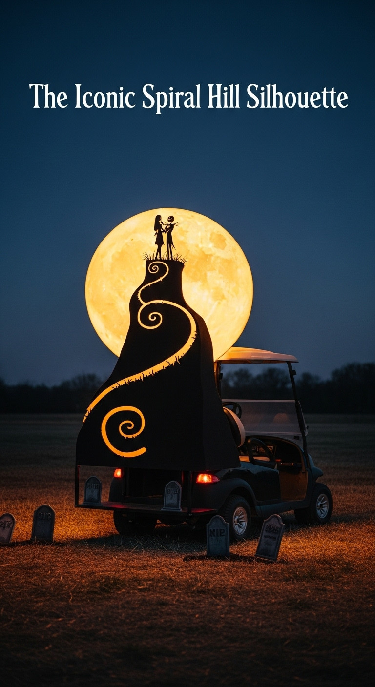 7 Brilliant Nightmare Before Christmas Golf Cart Ideas Golf Cart With Spiral Hill Silhouette And Jack And Sally Against A Glowing Full Moon At Twilight In A Field