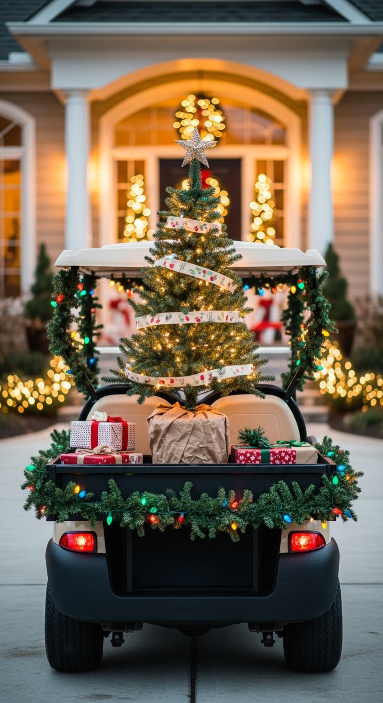Golf Cart With Decorated Christmas Tree Garland Multi-Colored Lights And Wrapped Presents In A Driveway At Sunset