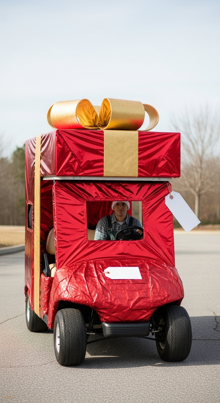Golf Cart Wrapped In Metallic Red Paper Like A Giant Present With A Gold Bow And A Driver Peeking Out