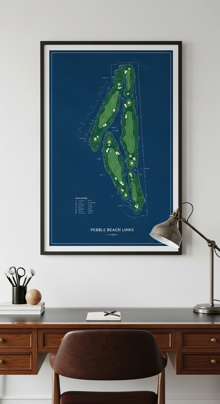 Golf Course Blueprint Print Of Pebble Beach Hanging In A Home Office For Fathers Day