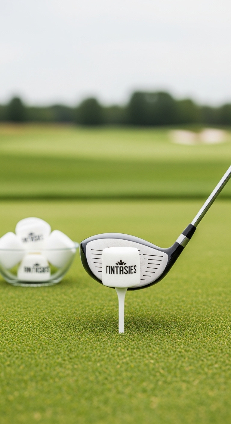 Golf Driver About To Strike A Large Marshmallow On A Tee During A Whimsical Driving Contest