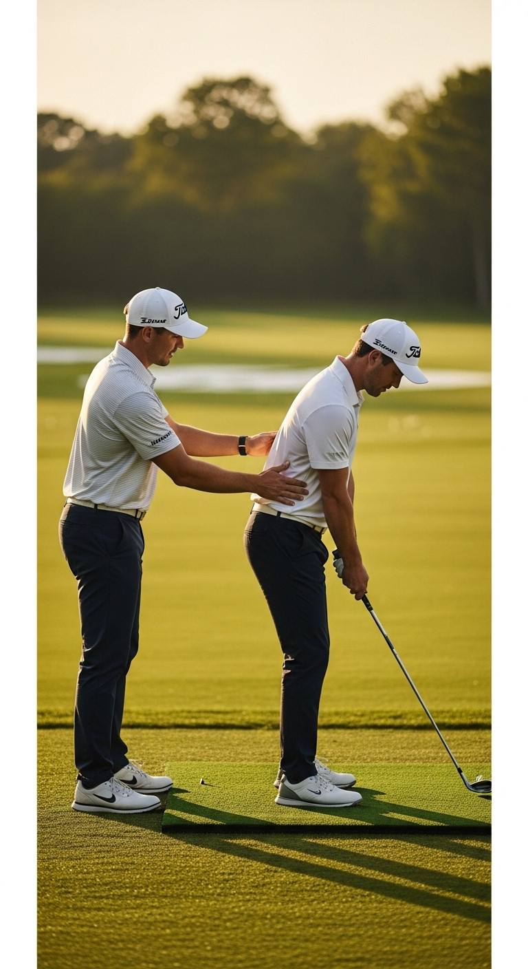 Golf Pro Giving A Lesson To A Golfer On A Sunlit Driving Range Focusing On Swing Advice