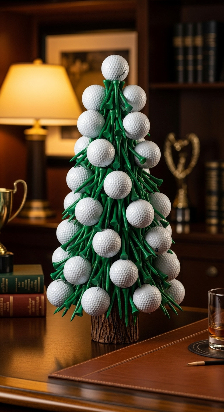 7 Creative Golf Tee Christmas Tree Ideas To Diy This Season Golf Tee Ball Medley Christmas Tree Diy Sporty Decor Office Den Golf Themed Craft Masculine Holiday Display