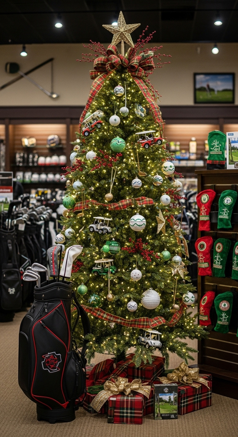 Golf Themed Christmas Tree Decor Golf Shop Holiday Golf Ball Ornaments Tartan Ribbon Festive Display