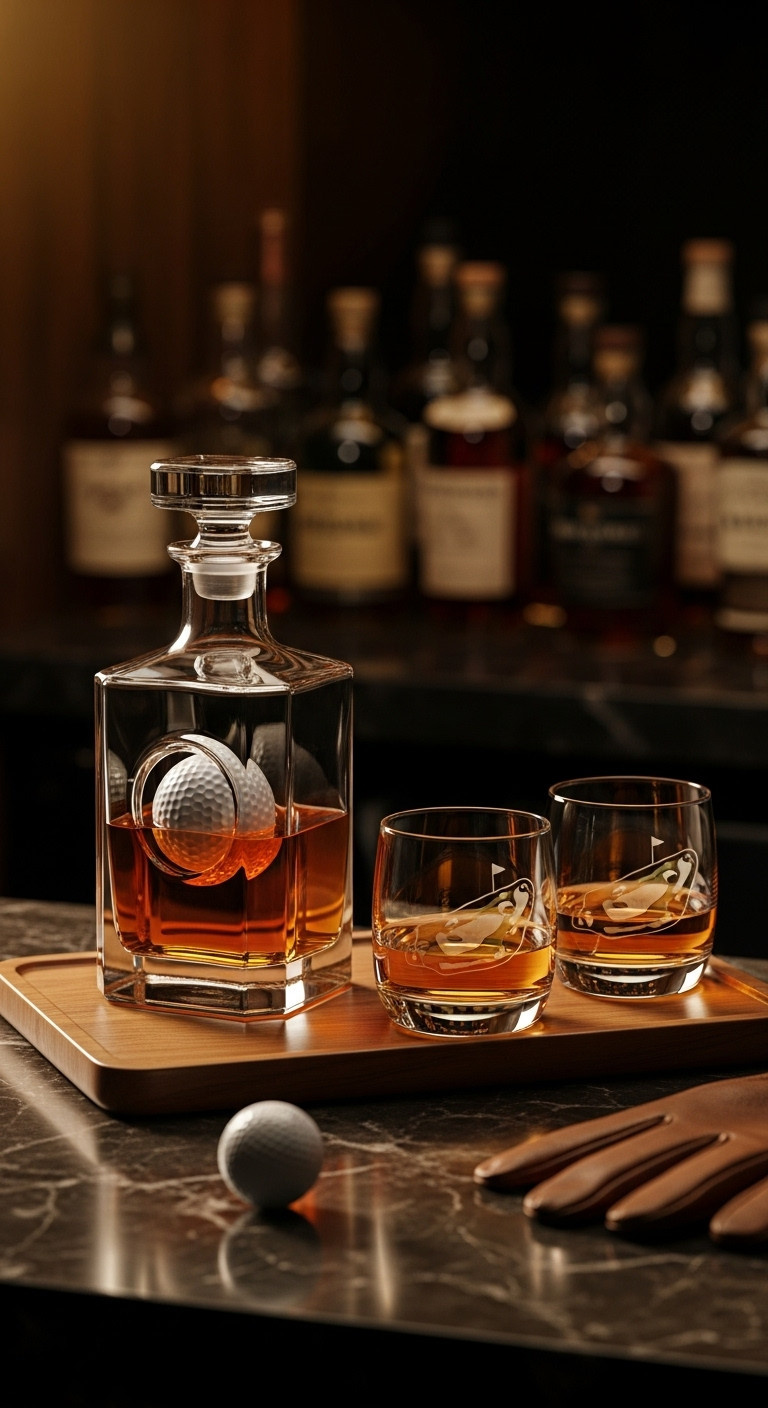 Golf Themed Whiskey Decanter Set With Embedded Golf Ball And Etched Glasses On Home Bar