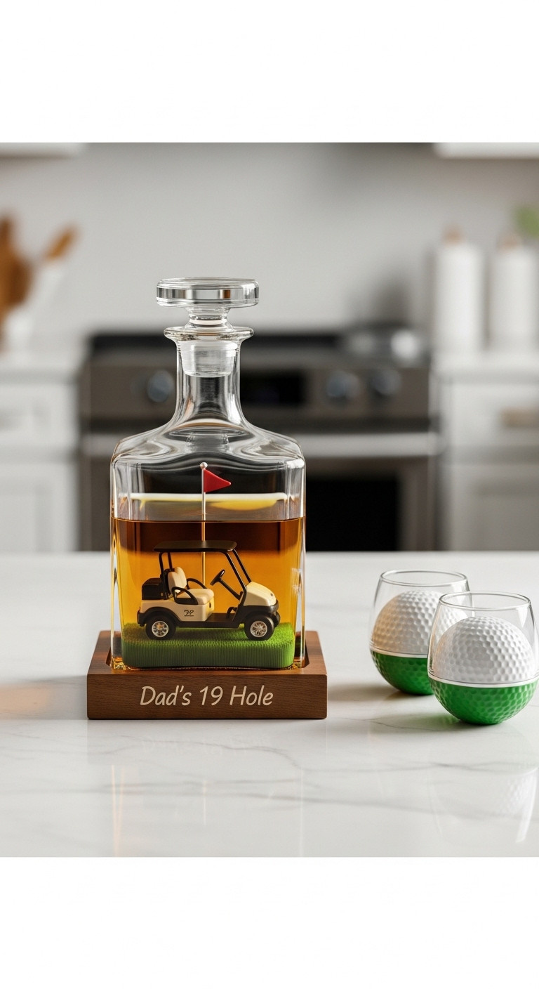 Golf Themed Whiskey Decanter Set With Engraved Wooden Base And Golf Ball Glasses For Fathers Day