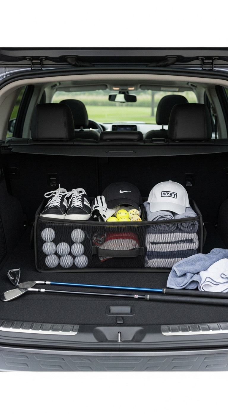 Golf Trunk Organizer Neatly Arranged With Shoes Balls Gloves Hat And Towels In An Open Car Trunk