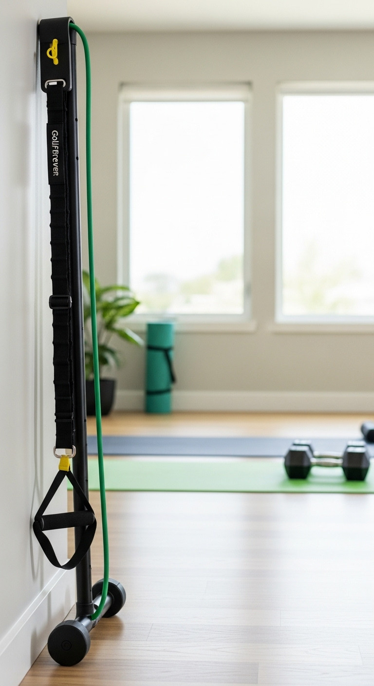 Golfforever Swing Trainer Aid Leaning Against A Wall In A Clean Modern Home Gym With A Yoga Mat And Dumbbells