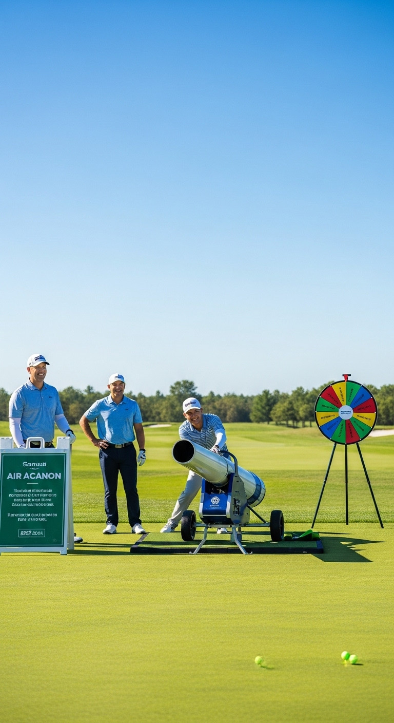 Golfer Aiming A Large Professional Air Cannon Down A Lush Green Fairway With A Smiling Volunteer Nearby