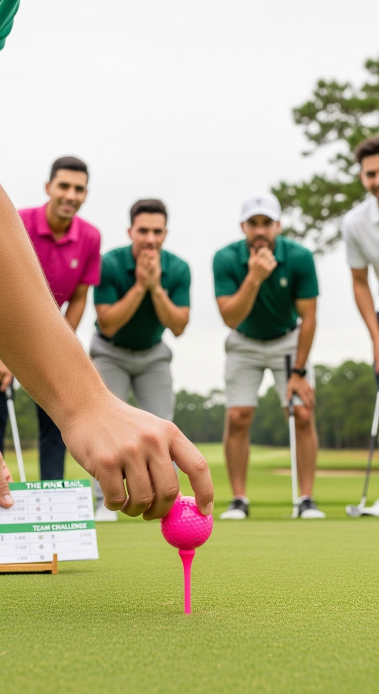 Golfer Carefully Placing A Vibrant Hot Pink Golf Ball On A Tee With Teammates Watching Intently On A Lush Green Tee Box