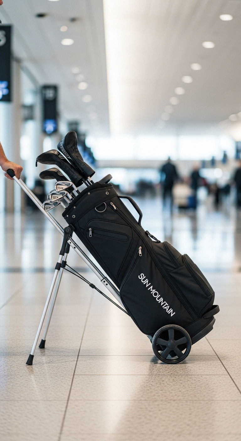 Golfer Easily Gliding A Sleek Black High-End Golf Travel Bag Through A Modern Airport Terminal