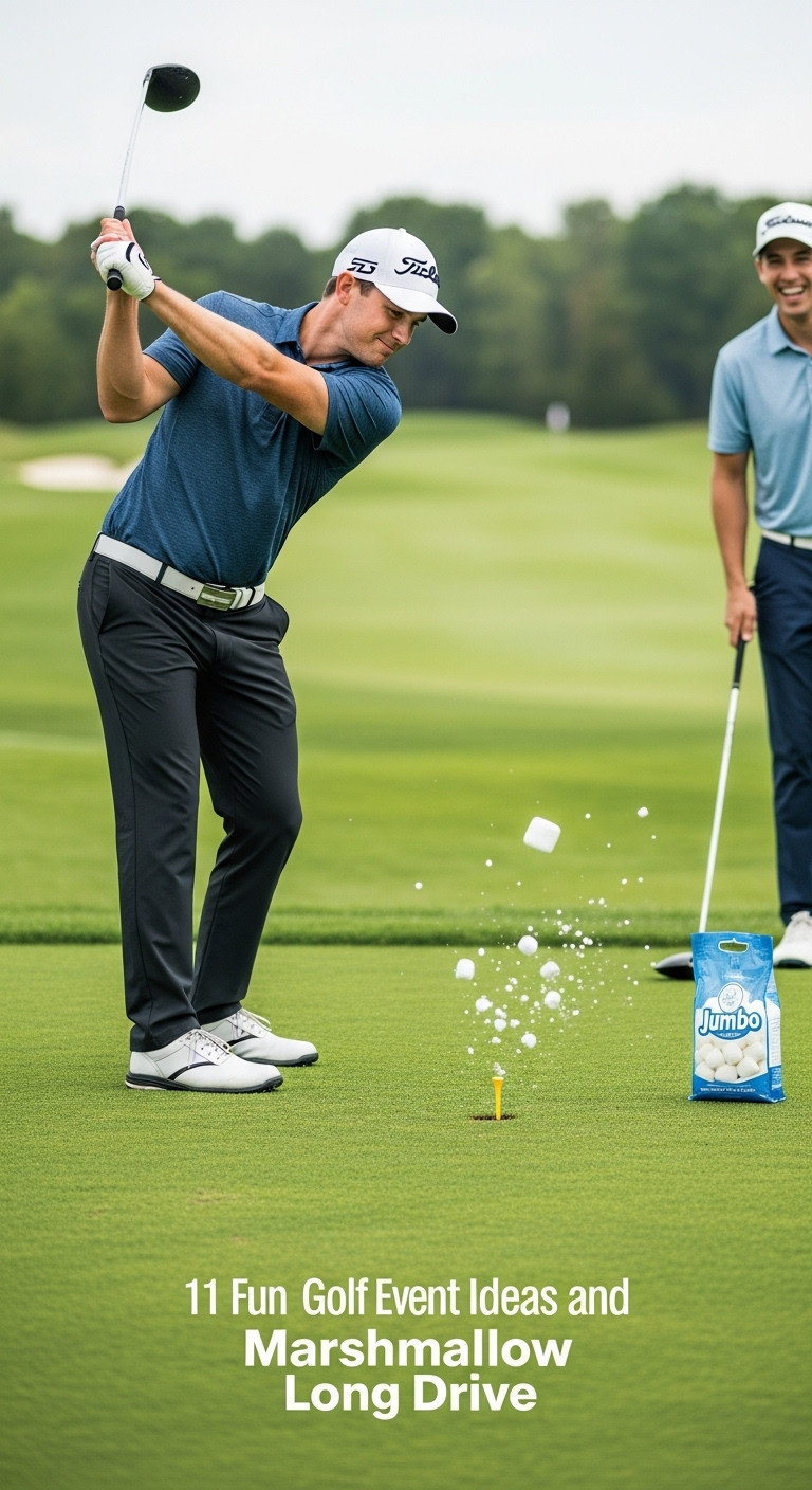 Golfer In Mid-Swing Hitting A Marshmallow Off A Golf Tee With Marshmallow Pieces Exploding On A Vibrant Green Tee Box
