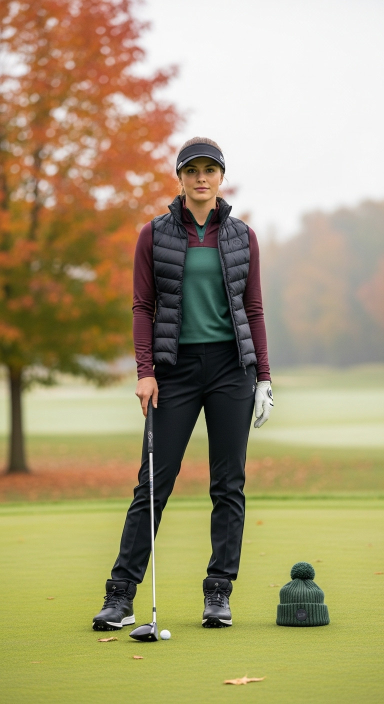 Golfer In Stylish Cool Weather Layering Outfit: Burgundy Base Layer, Black Quilted Vest, Tailored Pants On Autumn Golf Course.