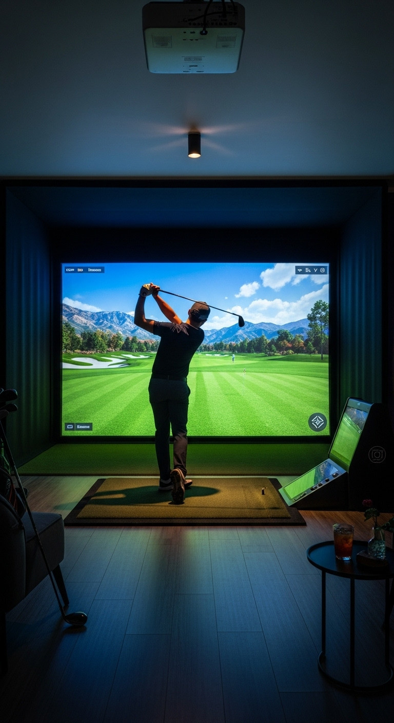 Create Your Perfect Golf Simulator Man Cave Expert Design Build Golfer Mid-Swing Against A Vibrant Virtual Golf Course On A High-Definition Impact Screen, Showcasing Immersive Golf Simulator Play.
