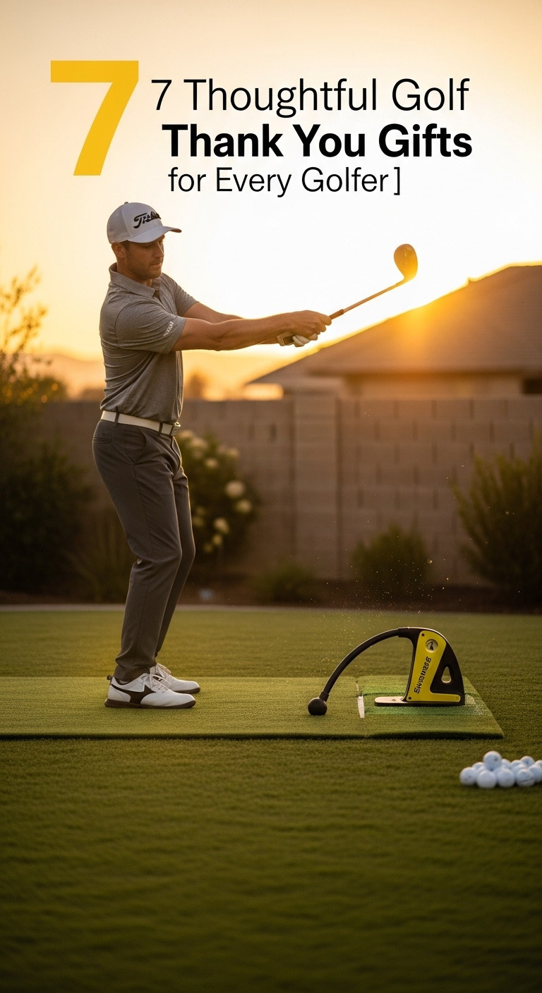 Golfer Mid-Swing With A Yellow And Black Swing Training Aid In A Backyard At Sunset