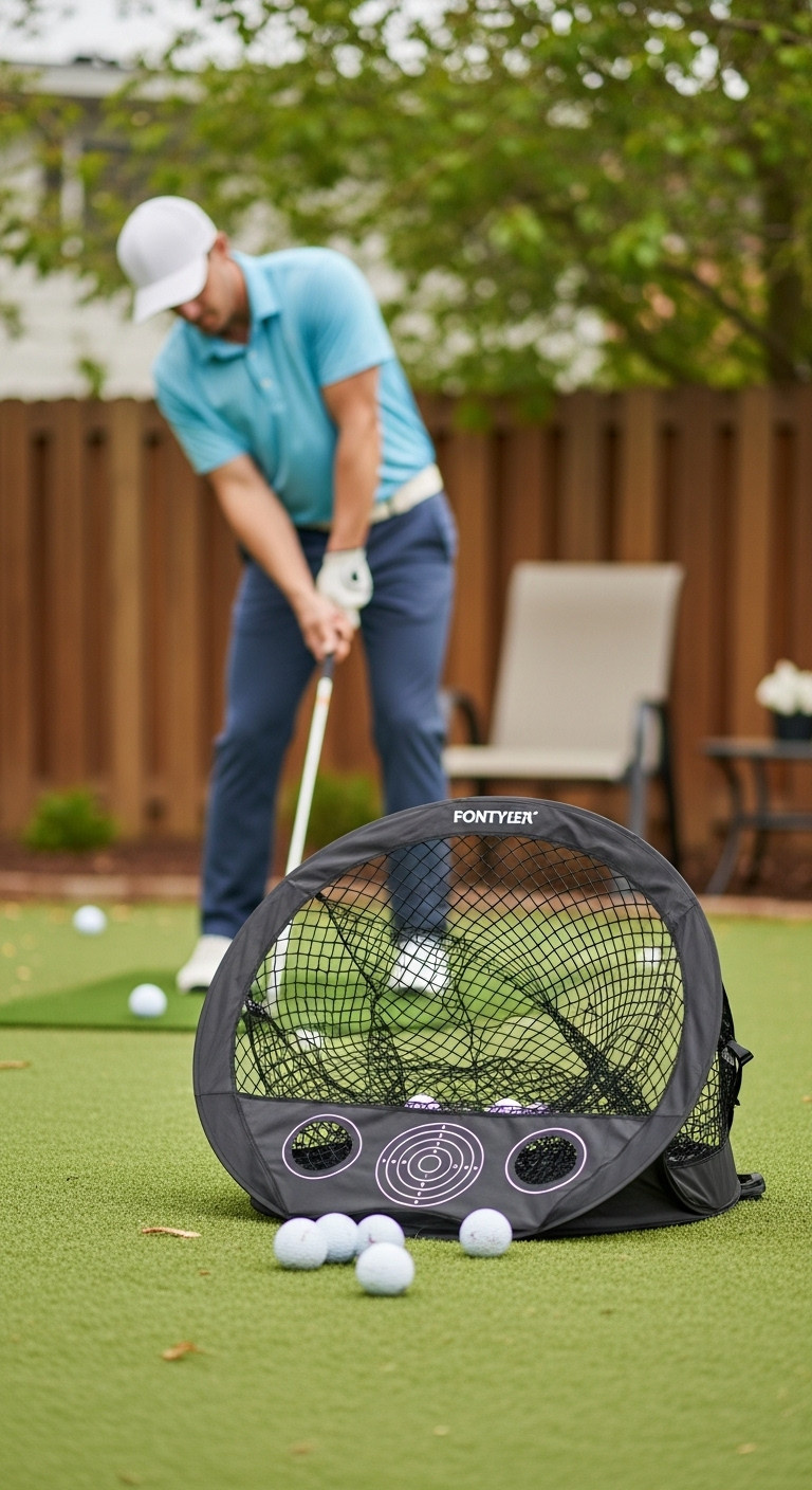 Golfer Practicing Short Game With A Portable Pop-Up Golf Chipping Net In A Backyard
