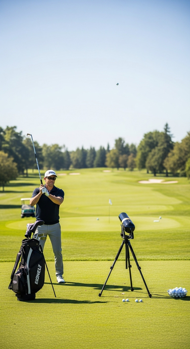 Golfer Preparing To Launch A Golf Ball From A Sleek Professional Air Cannon On A Manicured Tee Box