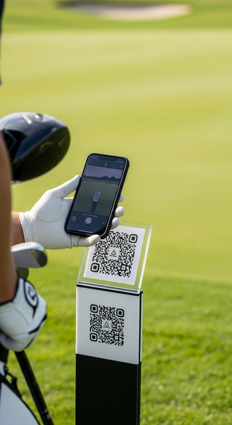 Golfer Scanning A Custom Acrylic Qr Code Sign On A Tee Box Marker For A Digital Scavenger Hunt