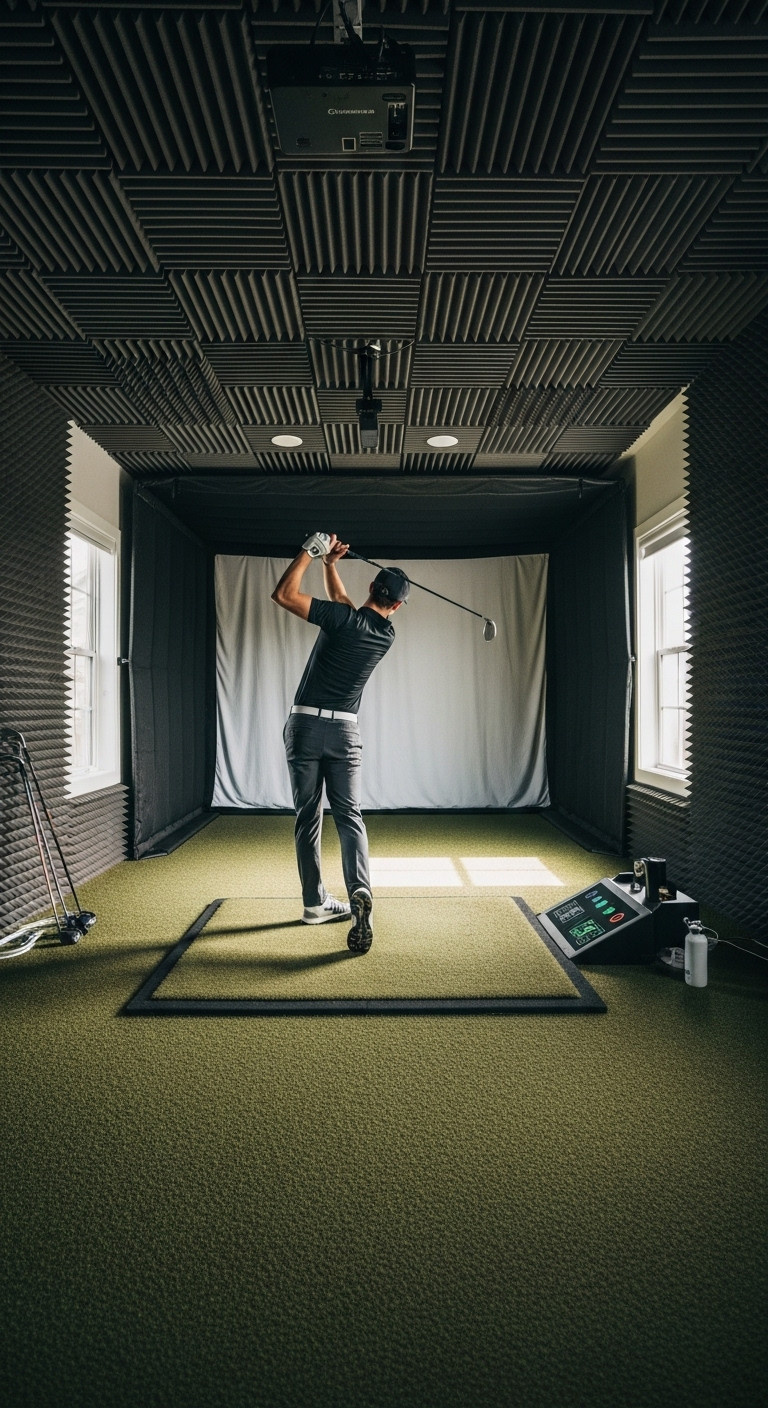 Design Your Perfect Golf Simulator Room Setup From Start To Finish Golfer Takes A Powerful Full Swing In A Padded Home Golf Simulator Room With Acoustic Panels, Clear Ceiling/Wall Clearance, And Taut Impact Screen.