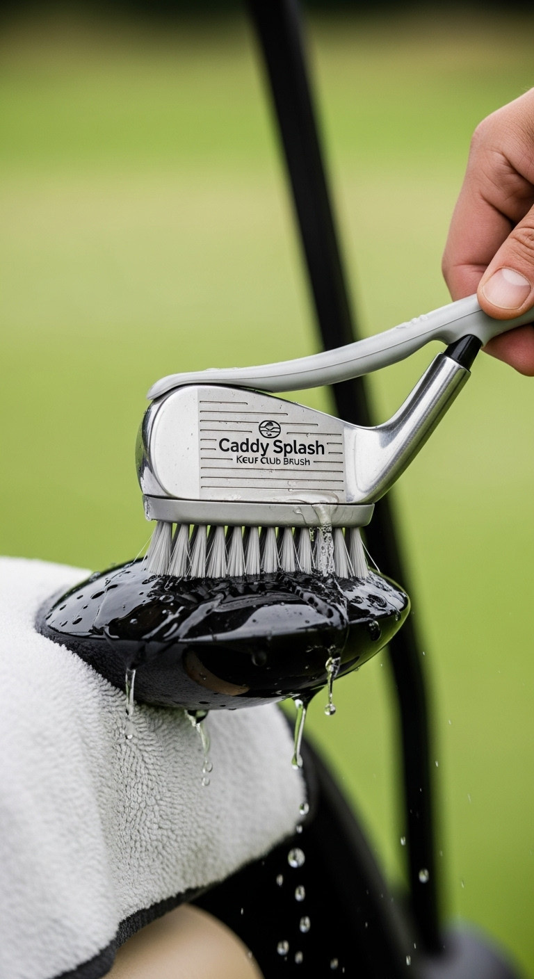 Golfer Using A Caddy Splash Brush To Clean An Iron Club Head With Water Droplets