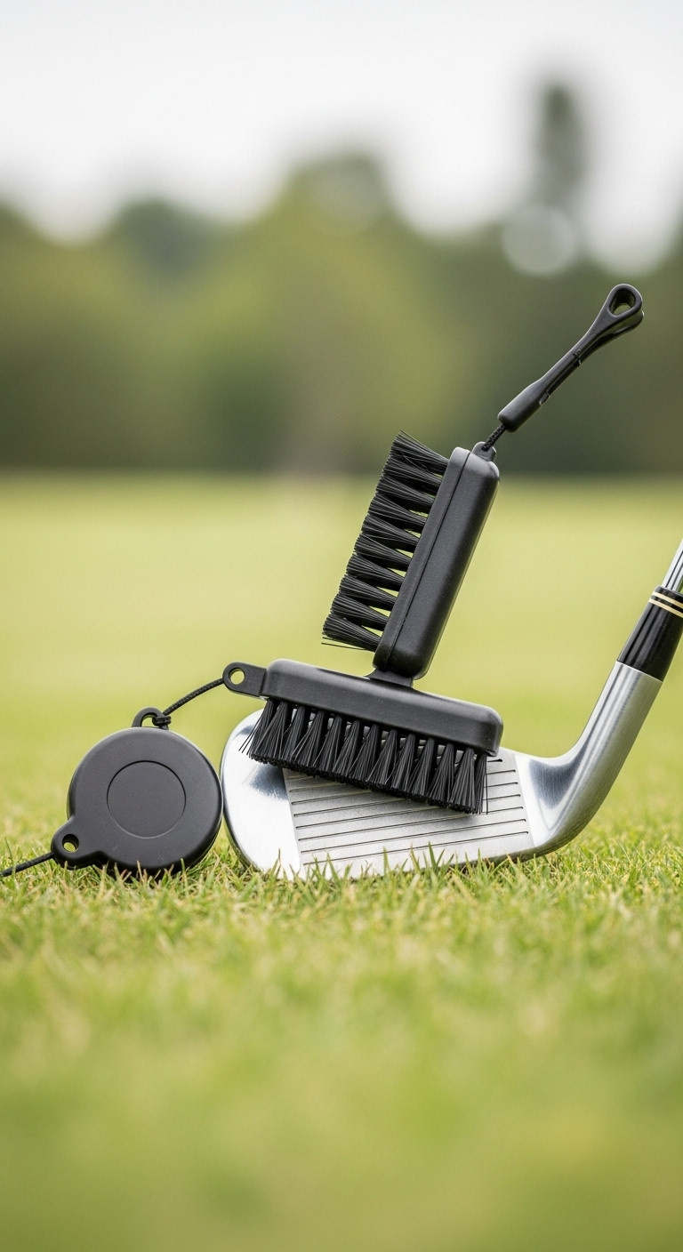 Golfer Using A Dual-Sided Club Brush To Clean Grooves Of An Iron On A Bright Fairway