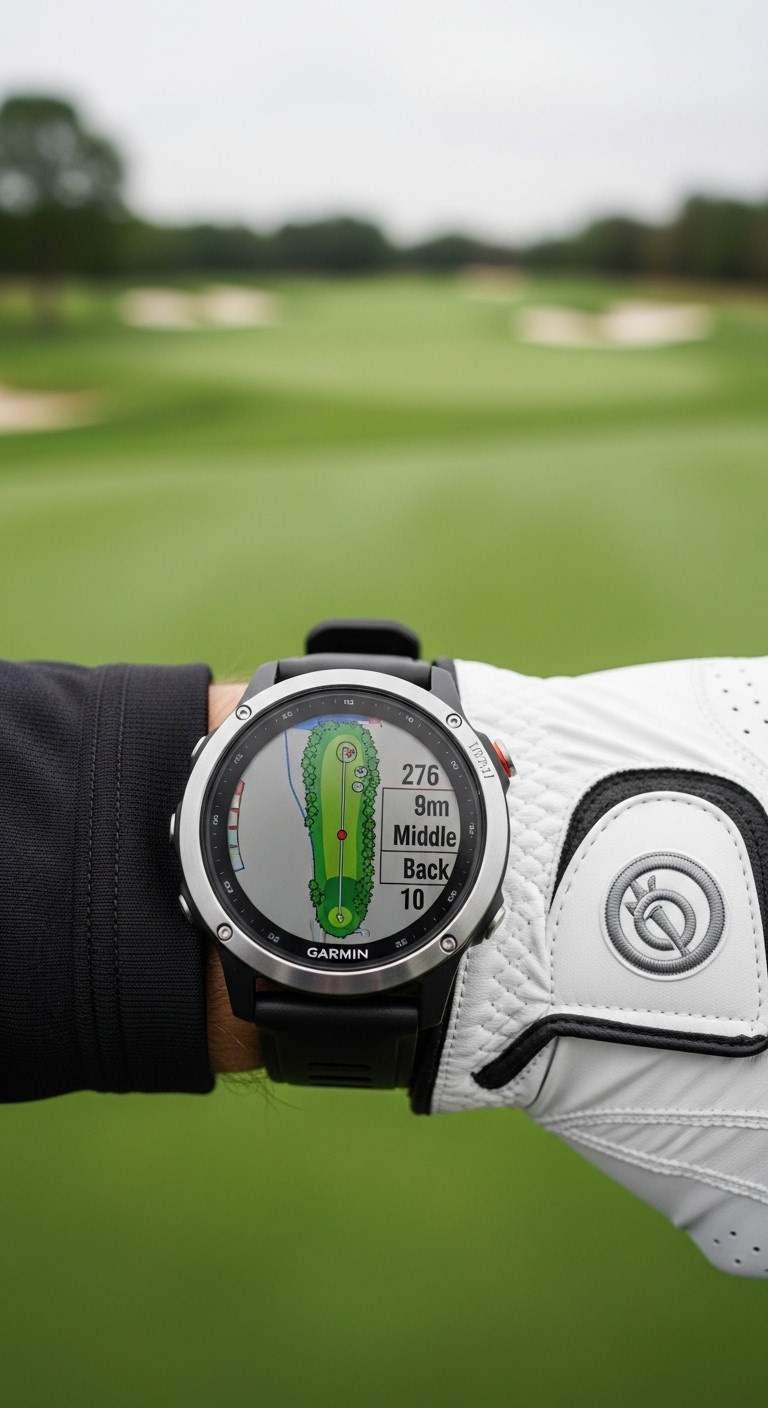 Golfer Wearing A Gps Golf Watch Displaying A Course Map And Distances On The Fairway