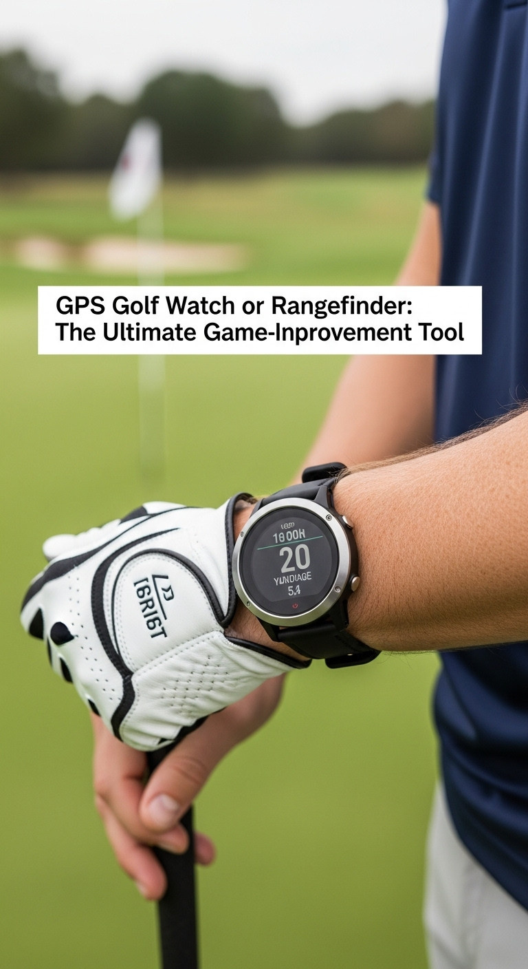 Golfer Wearing A Gps Golf Watch Displaying Yardage To Green On A Blurred Fairway