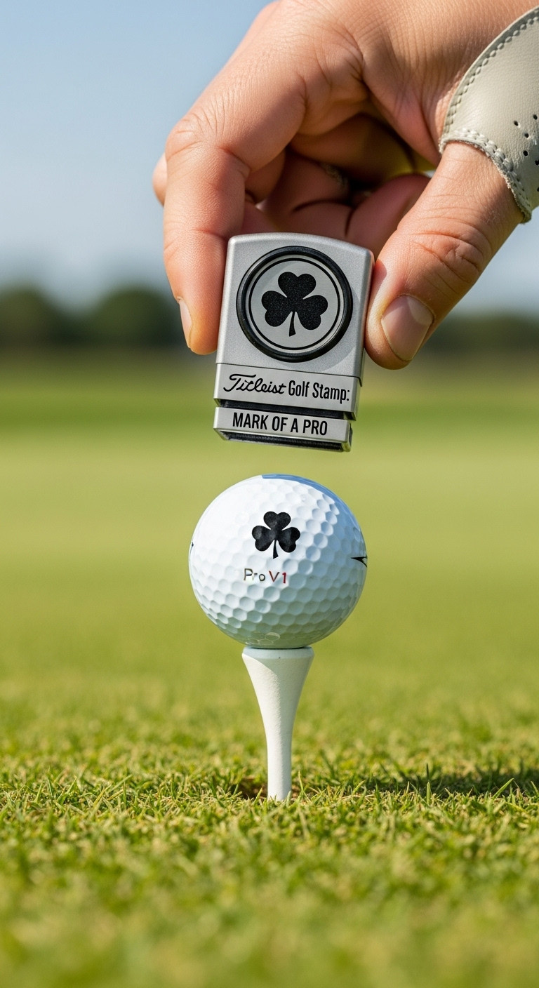 Golfer'S Hand Holding A Custom Logo Golf Ball Stamp Over A Titleist Pro V1 Ball On Grass