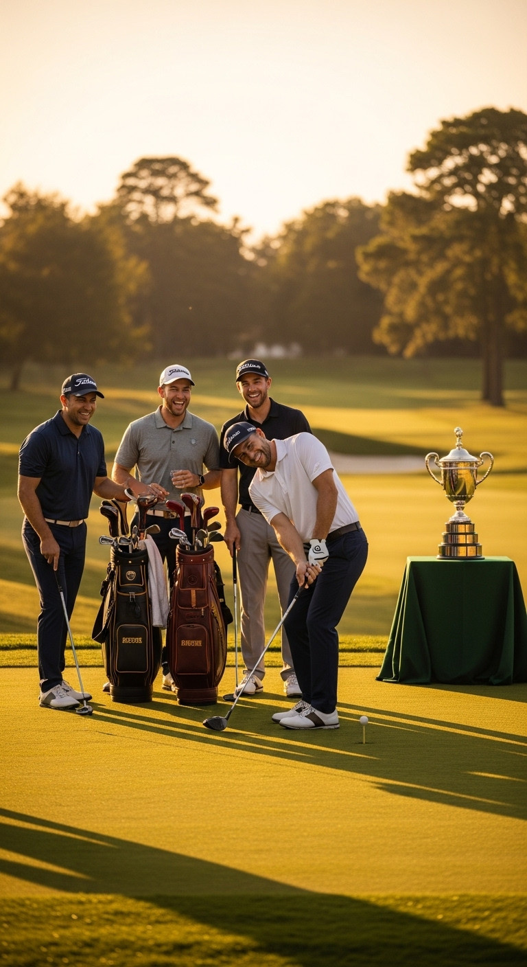 Golfers Laughing As One Attempts To Swing A Retro Left-Handed Club During A Humorous Wrong Hand Challenge