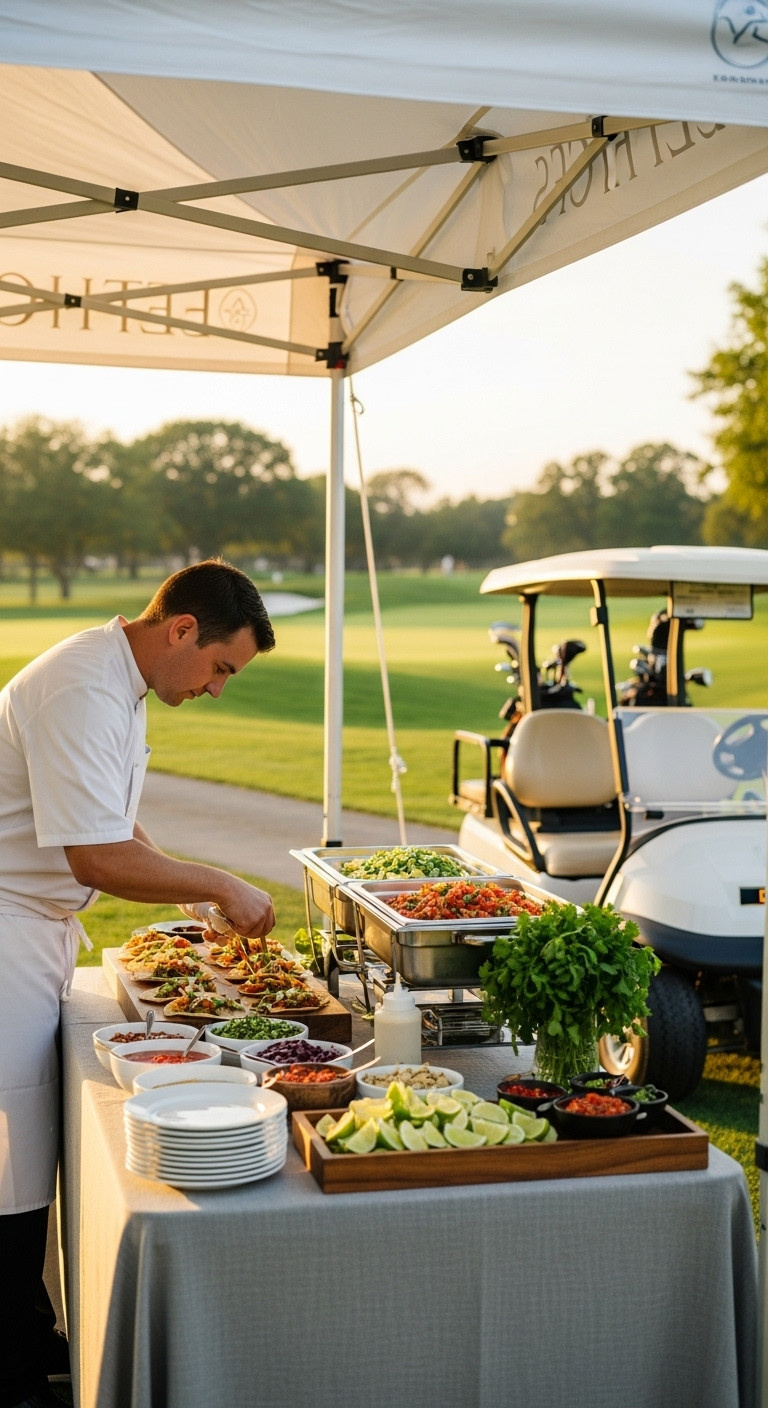 Gourmet Taco Bar Food Station With Chef Arranging Fresh Ingredients On A Golf Course At Golden Hour
