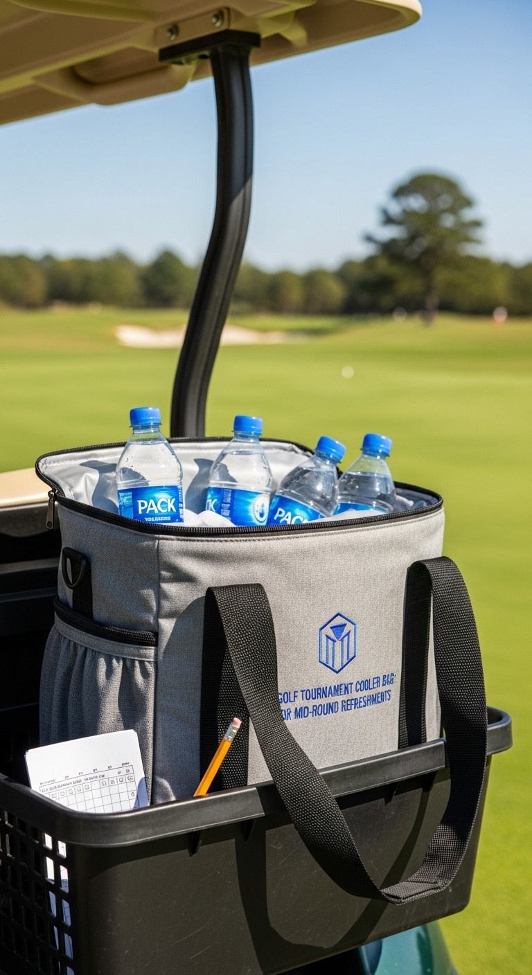 Gray Canvas Cooler Bag With Logo In Golf Cart Basket With Water Bottles And Scorecard
