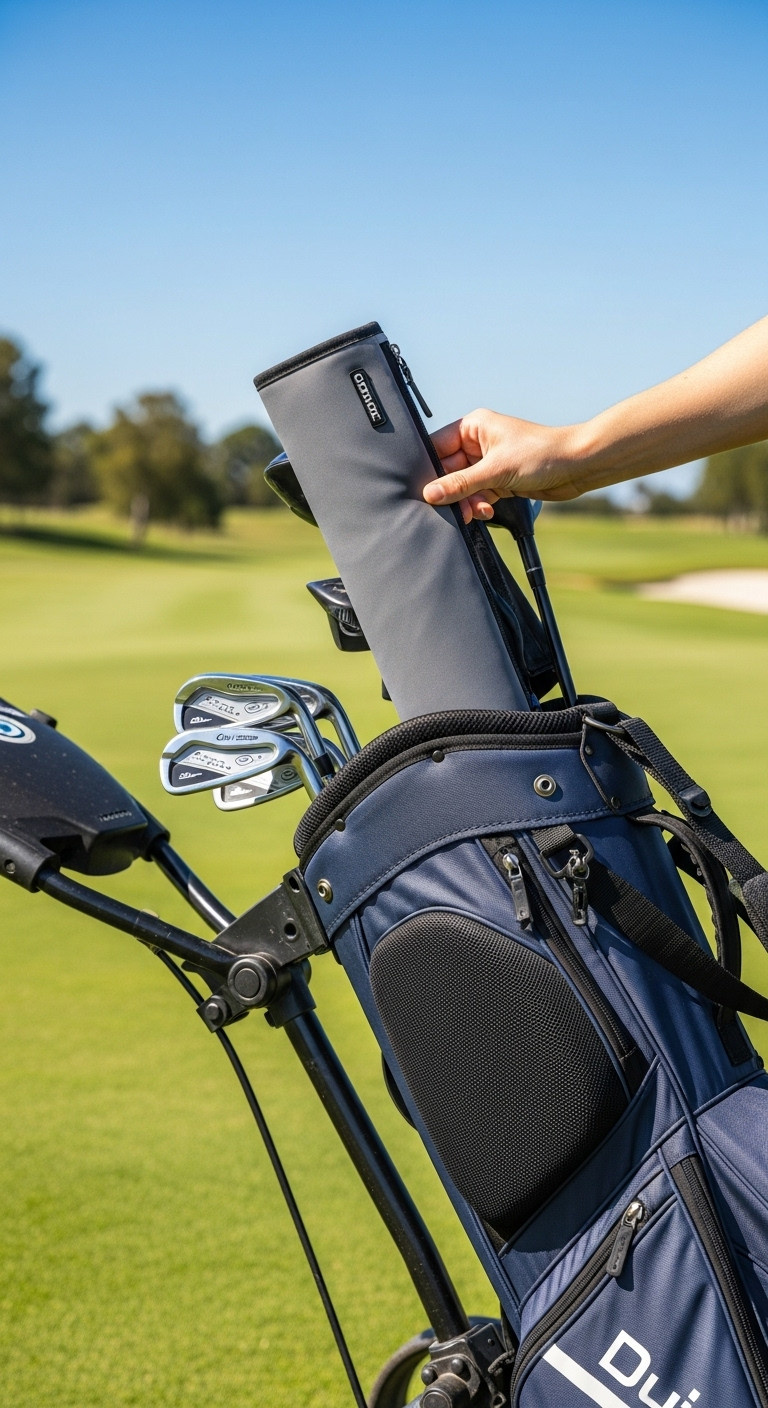 Gray Insulated Cooler Sleeve Sliding Into A Golf Bag Pocket On A Sunny Course