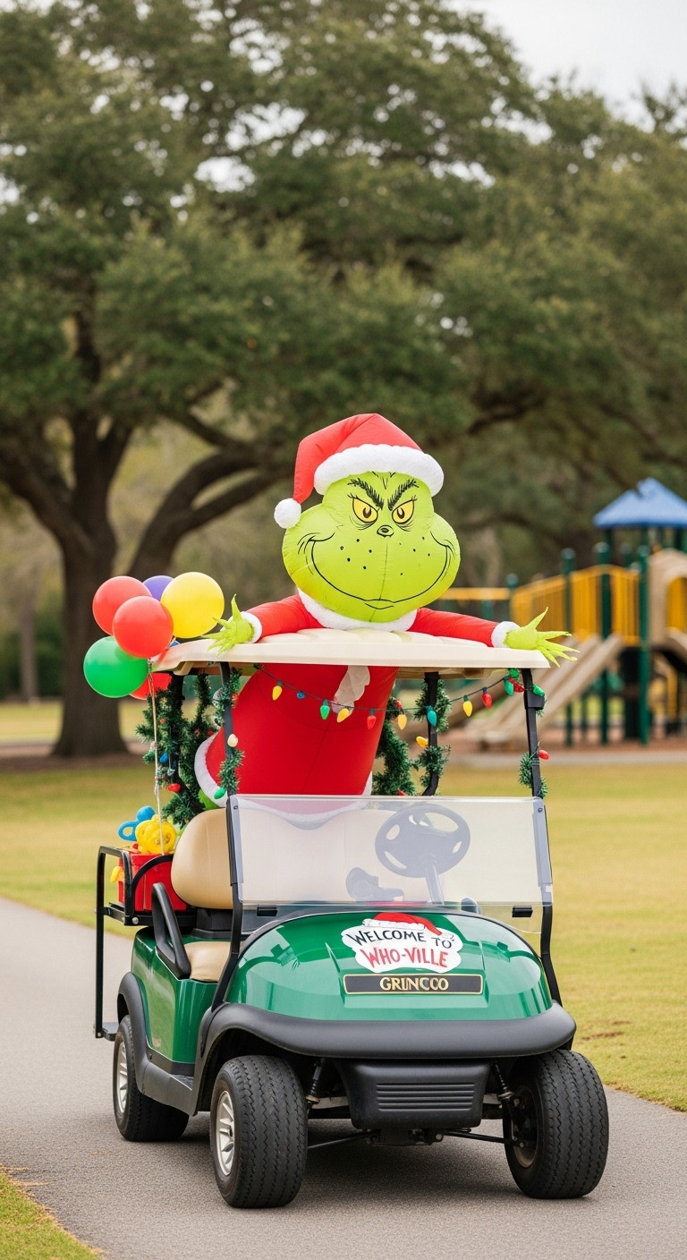 Decorate Your Golf Cart For Christmas With 7 Genius Ideas Green Golf Cart With A Large Grinch Inflatable, Who-Ville Props, And Tangled Lights, Celebrating Christmas In A Park Setting.