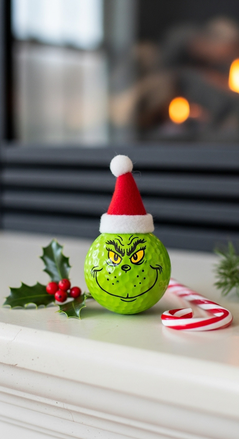 Grinch Inspired Golf Ball Character With A Tiny Santa Hat Sitting On A Mantelpiece With Holly And A Candy Cane