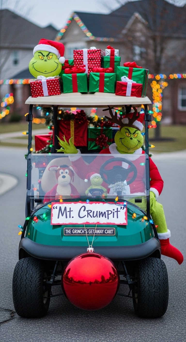 Grinch Themed Golf Cart With Inflatable Grinch Stolen Presents Tangled Lights And Max The Dog Figure On Dashboard