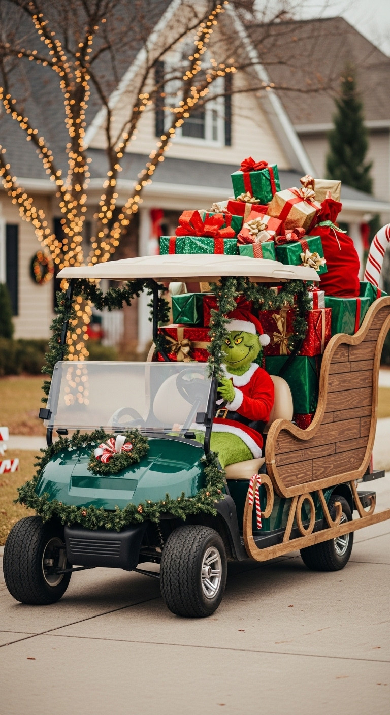 Grinch'S Overloaded Sleigh Golf Cart With A Large Grinch Figure Overflowing With Colorful Presents And Candy Cane Accents