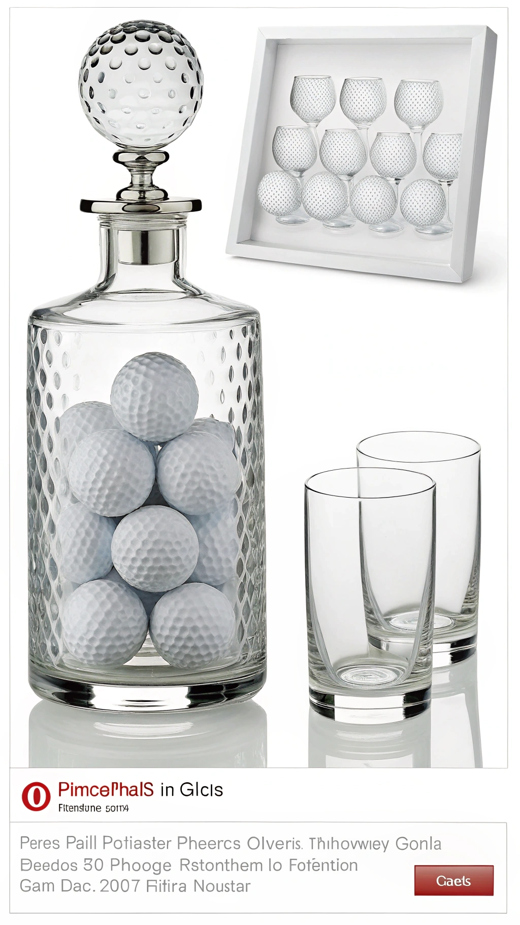 Hand Blown Glass Whiskey Decanter Shaped Like A Golf Ball With Matching Rocks Glasses On A Wooden Stand In A Home Bar