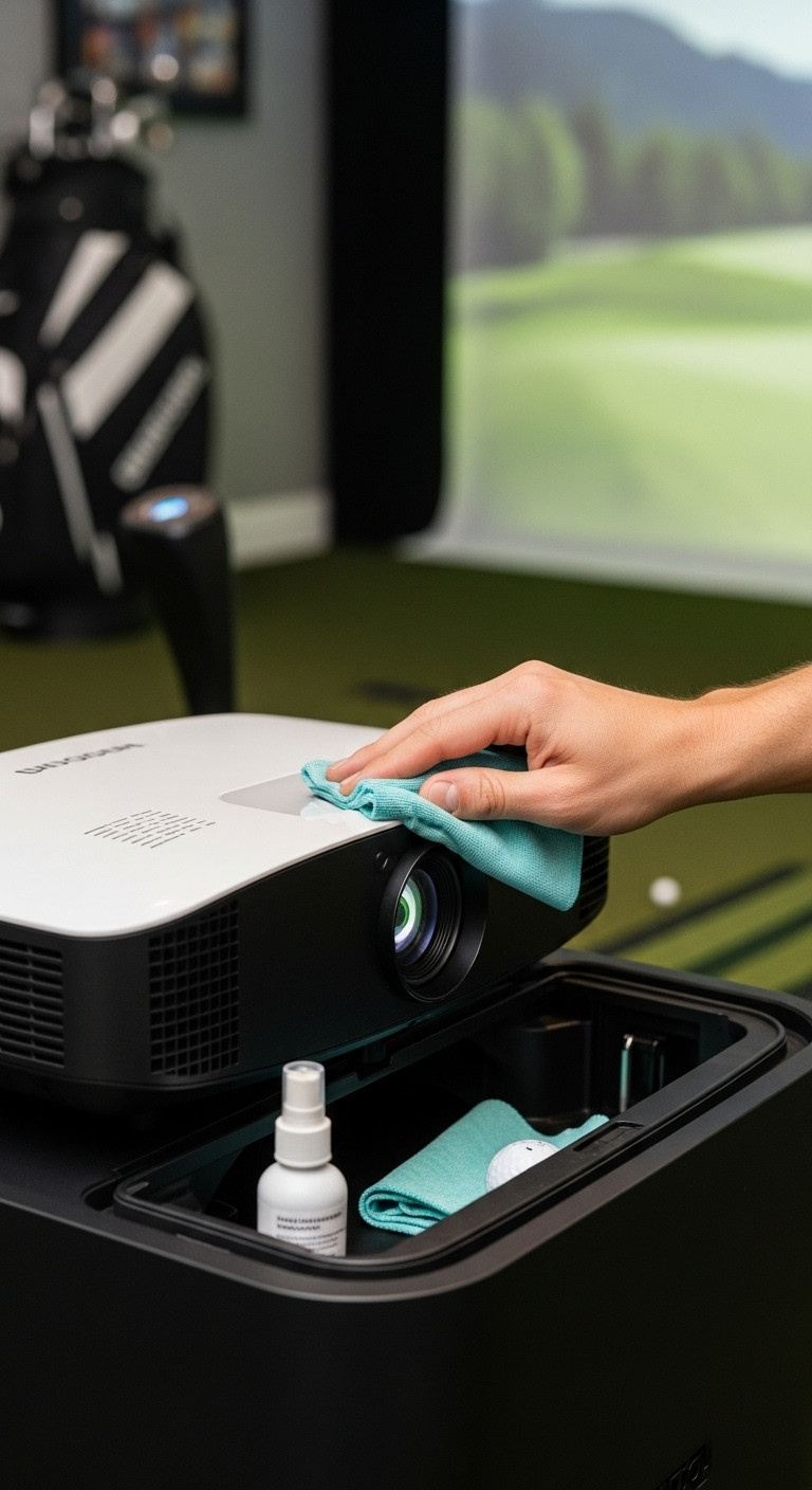 Create Your Perfect Golf Simulator Man Cave Expert Design Build Hand Cleaning Golf Simulator Projector Lens With A Cloth, Showing Routine Maintenance For Optimal Performance And Equipment Care.