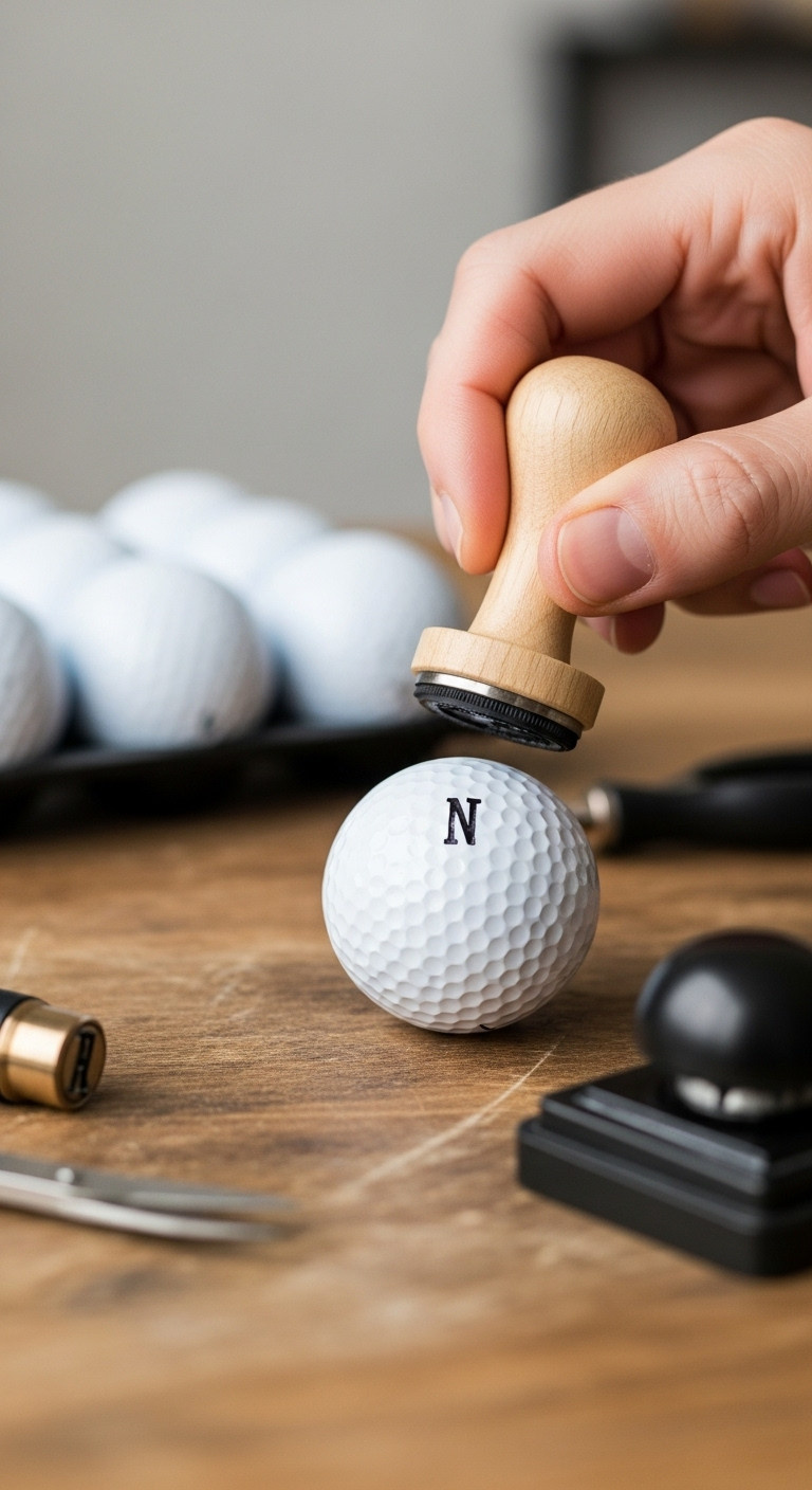 Hand Using A Personalized Golf Ball Stamp To Mark A White Golf Ball On A Wooden Workbench