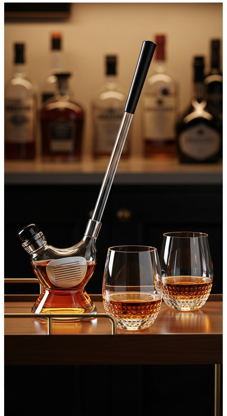 Handblown Glass Whiskey Decanter Shaped Like A Golf Club With Matching Golf Ball Textured Glasses On A Dark Wood Bar Cart