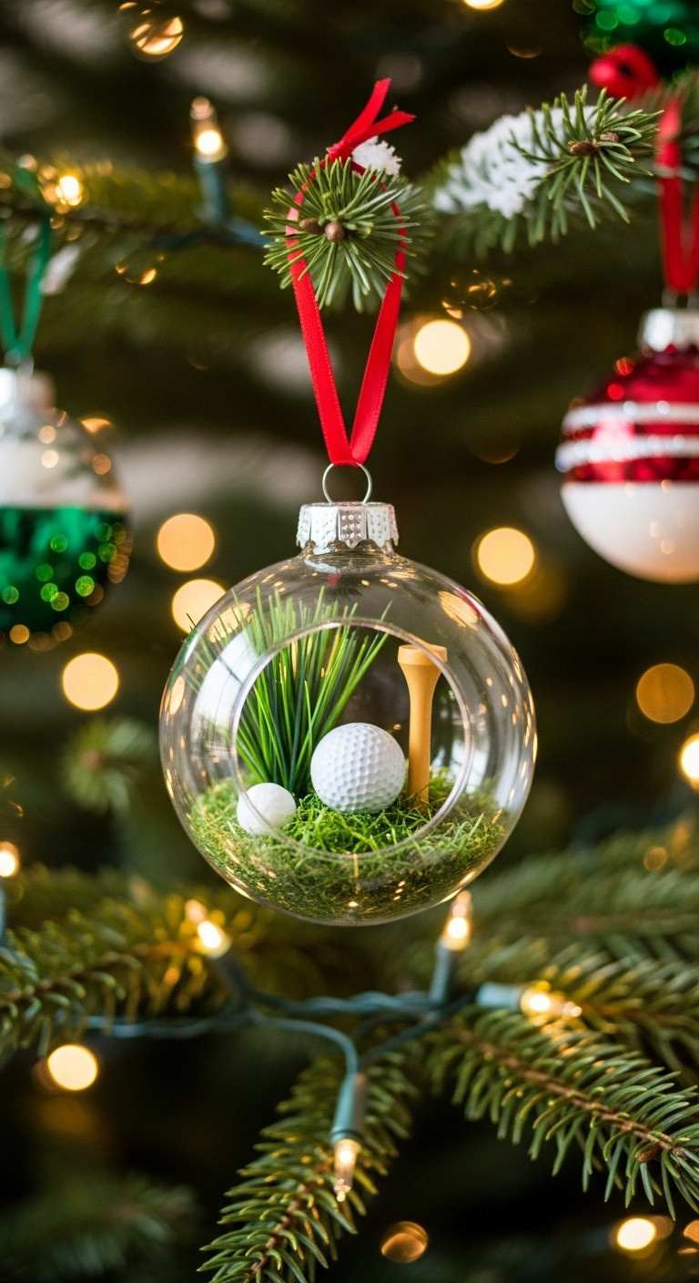Handcrafted Glass Christmas Ornament Filled With Golf Ball And Tee Hanging On A Festive Tree Branch