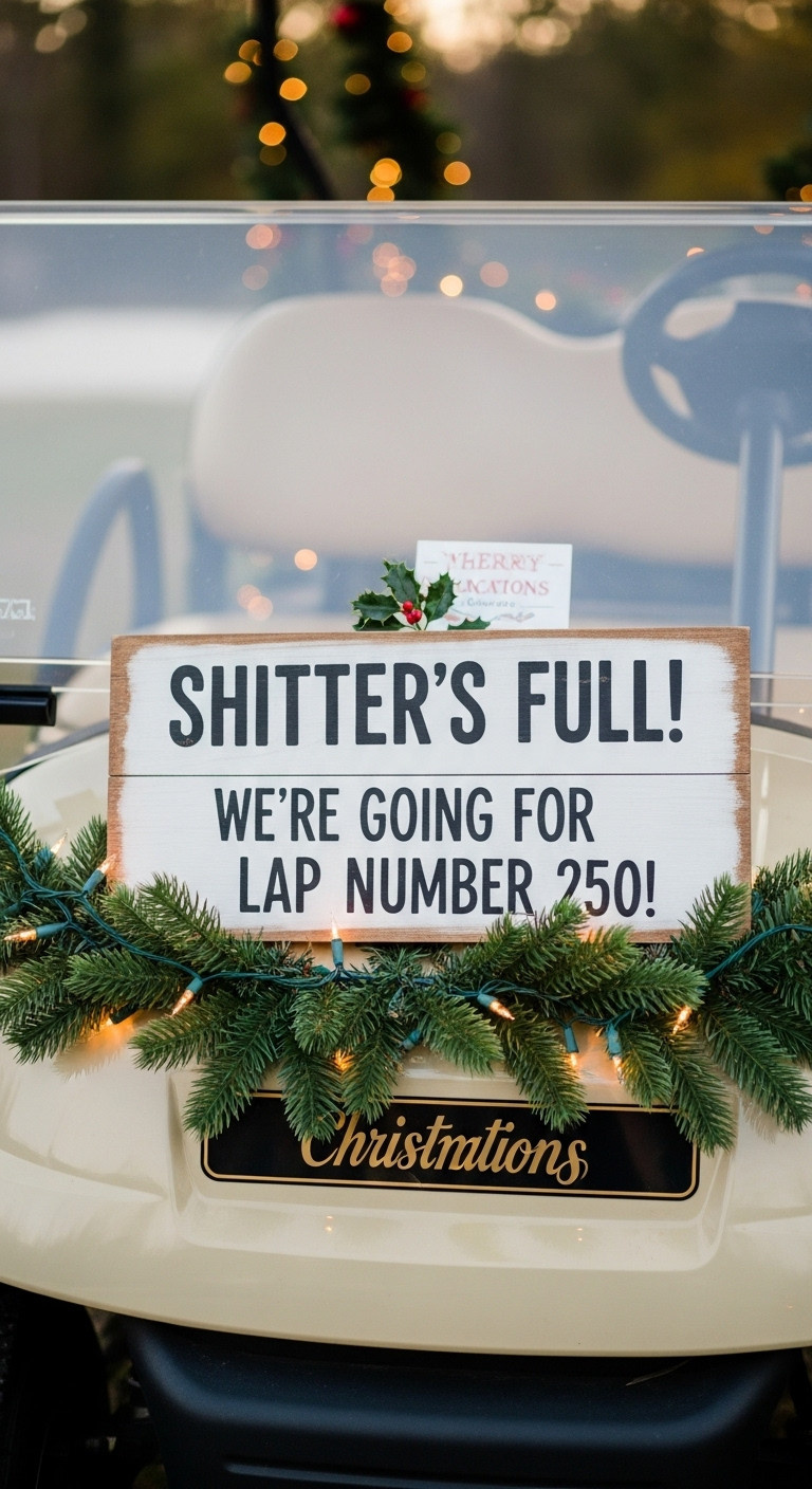 Handcrafted Rustic Sign With A Humorous Holiday Quote, Adding A Witty Touch To A Festive National Lampoon Christmas Golf Cart Display.